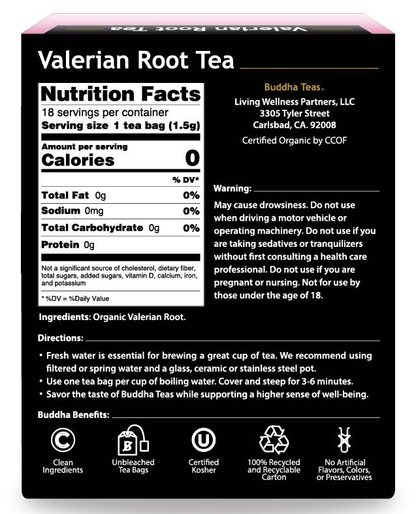 Buddah Teas -Valerian Root Tea - Organic Herbal Tea - 18 Teabags