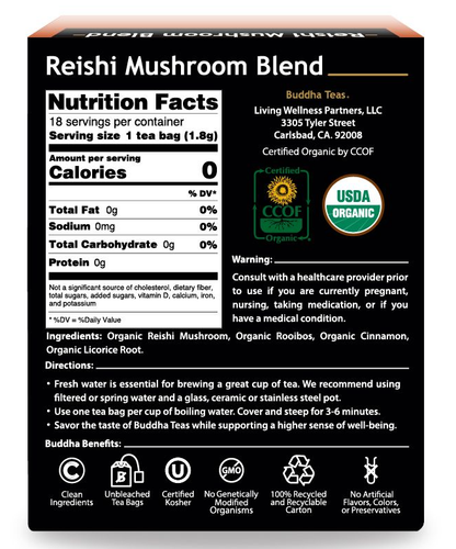 Buddah Teas - Reishi Mushroom Blend Tea - Organic Herbal Tea - 18 Teabags