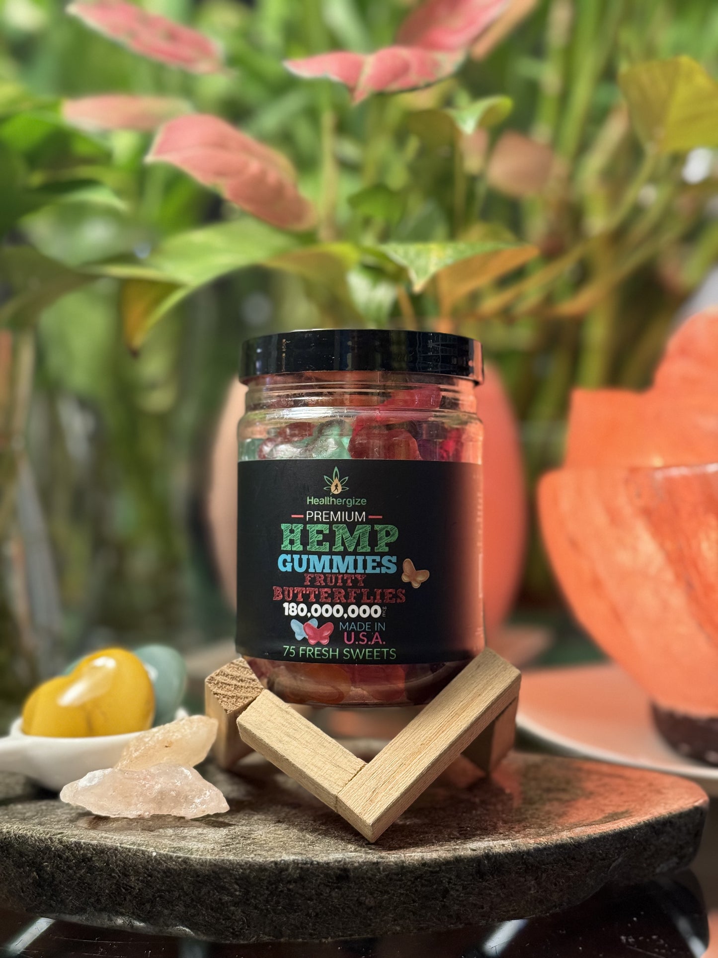 Healthergize Premium Hemp Gummies - Fruity Butterflies - 75 sweets per jar.