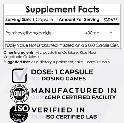 Mirconized PEA [Palmitoylethanolamide] 400mg x 60 Caps. Made and  manufactured and imported from the USA.